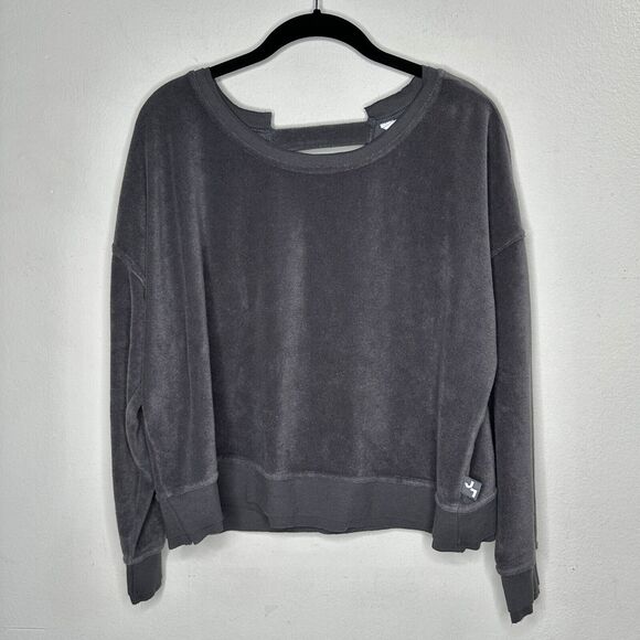 Joy Lab Dark Gray Long Sleeve Crop Terrycloth Sweater Faux Wrap Open V-Back SM - Picture 3 of 16